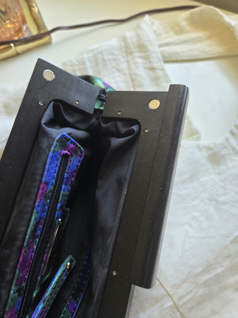 Nine West Satin Floral Clutch in Black, Green & Purple - Picture 5 of 7